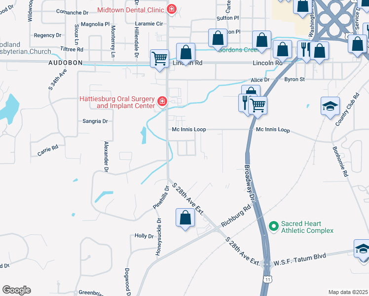 map of restaurants, bars, coffee shops, grocery stores, and more near 117 Westminister Street in Hattiesburg