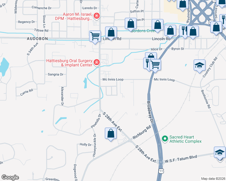 map of restaurants, bars, coffee shops, grocery stores, and more near 117 Westminister Street in Hattiesburg