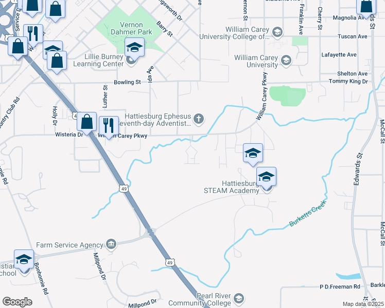 map of restaurants, bars, coffee shops, grocery stores, and more near 447 William Carey Parkway in Hattiesburg