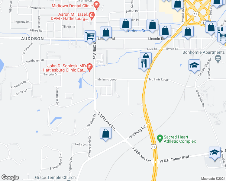 map of restaurants, bars, coffee shops, grocery stores, and more near 208 Sherwood Drive in Hattiesburg