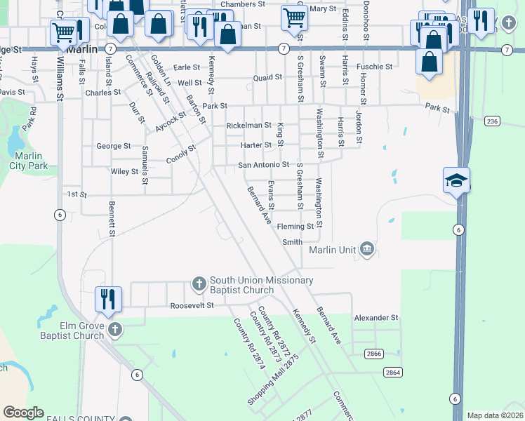 map of restaurants, bars, coffee shops, grocery stores, and more near Bernard Avenue in Marlin