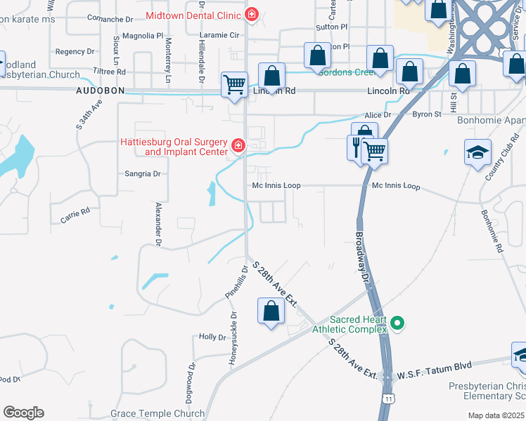 map of restaurants, bars, coffee shops, grocery stores, and more near 319 Woodshire Drive in Hattiesburg