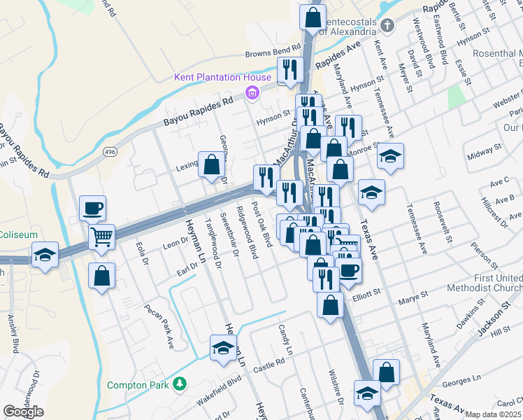 map of restaurants, bars, coffee shops, grocery stores, and more near 303 Post Oak Boulevard in Alexandria