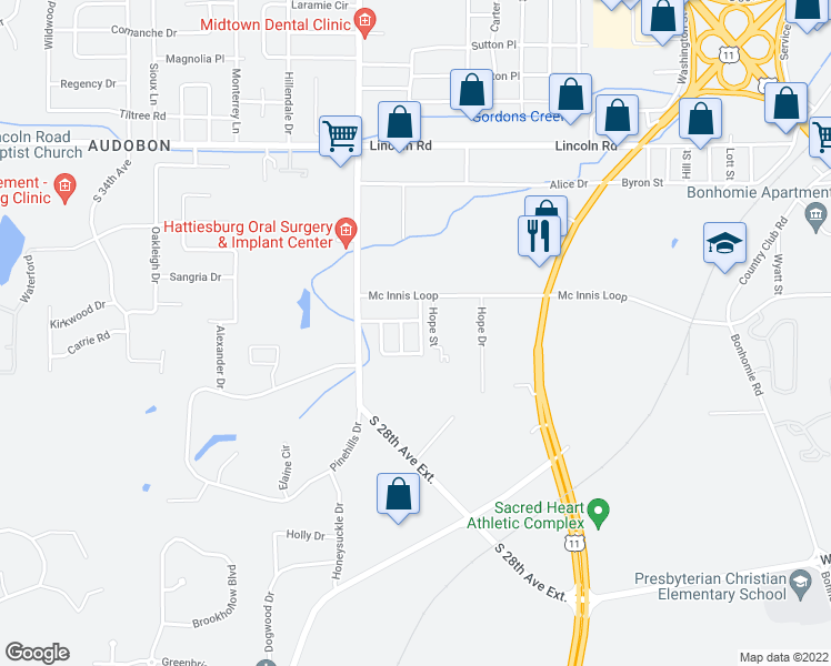 map of restaurants, bars, coffee shops, grocery stores, and more near 217 Sherwood Drive in Hattiesburg