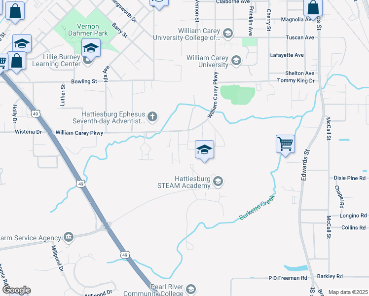 map of restaurants, bars, coffee shops, grocery stores, and more near 447 Helveston Road in Hattiesburg