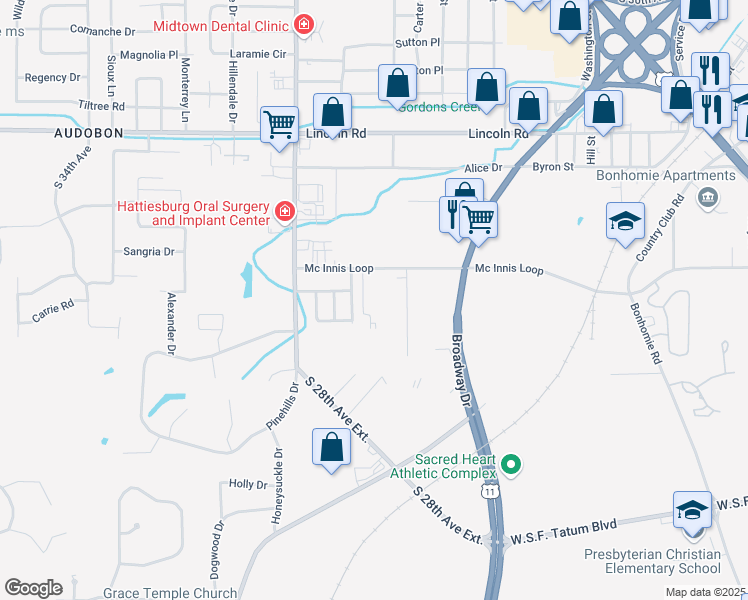 map of restaurants, bars, coffee shops, grocery stores, and more near 230 Sherwood Drive in Hattiesburg