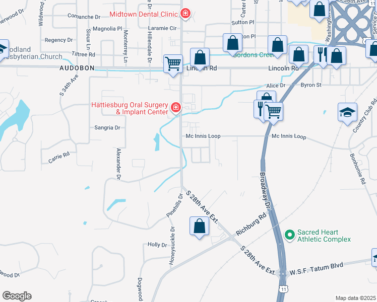 map of restaurants, bars, coffee shops, grocery stores, and more near 318 Woodshire Drive in Hattiesburg