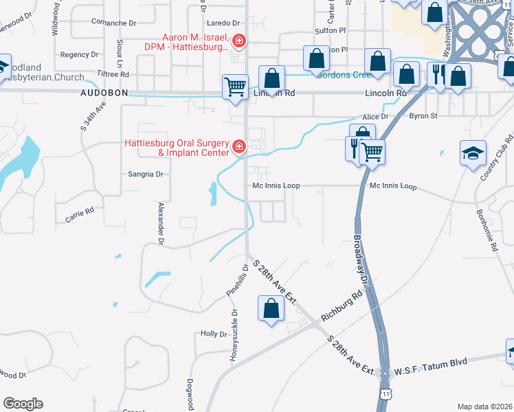 map of restaurants, bars, coffee shops, grocery stores, and more near 300 Cambridge Drive in Hattiesburg
