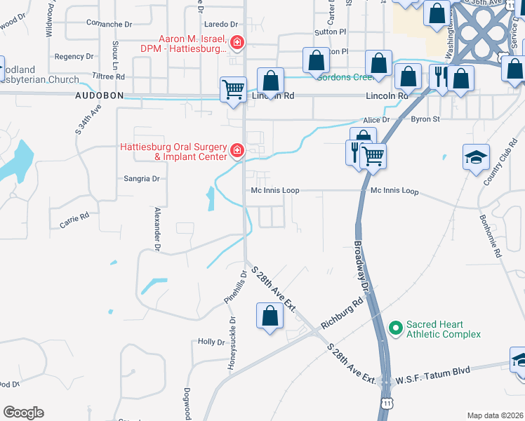 map of restaurants, bars, coffee shops, grocery stores, and more near 117 Westminister Street in Hattiesburg