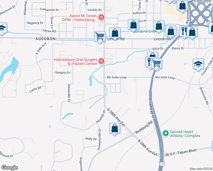 map of restaurants, bars, coffee shops, grocery stores, and more near 318 Woodshire Drive in Hattiesburg