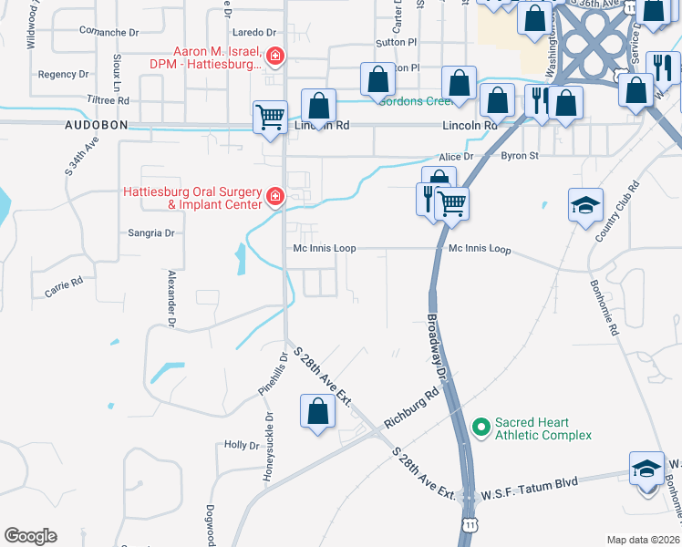 map of restaurants, bars, coffee shops, grocery stores, and more near 230 Sherwood Drive in Hattiesburg