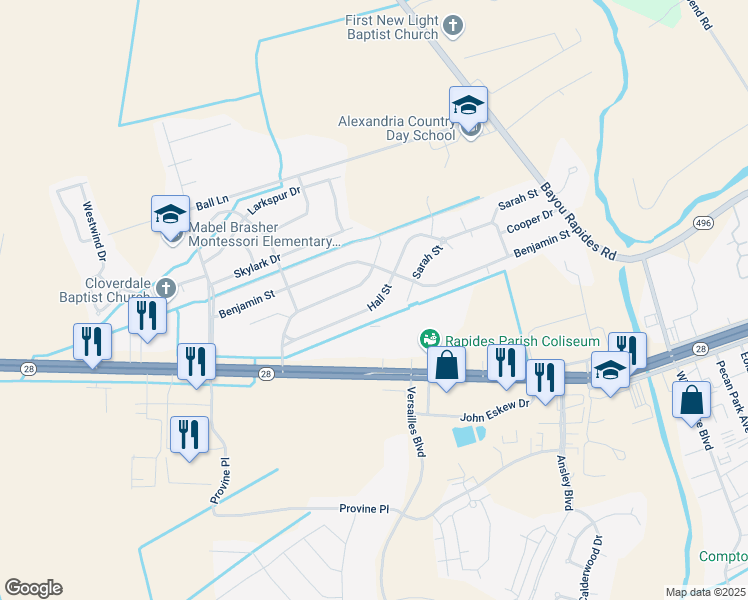 map of restaurants, bars, coffee shops, grocery stores, and more near 5516 Hall Street in Alexandria