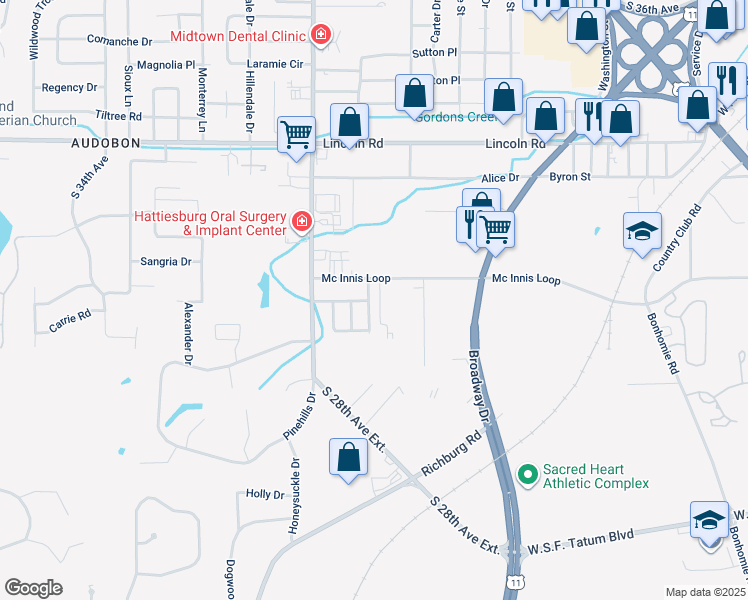 map of restaurants, bars, coffee shops, grocery stores, and more near 120 Sherwood Drive in Hattiesburg