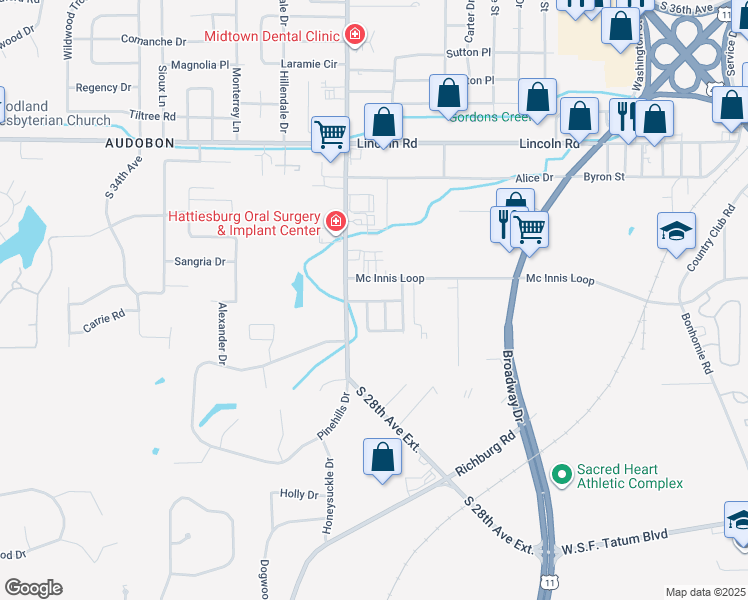 map of restaurants, bars, coffee shops, grocery stores, and more near 217 Cambridge Drive in Hattiesburg