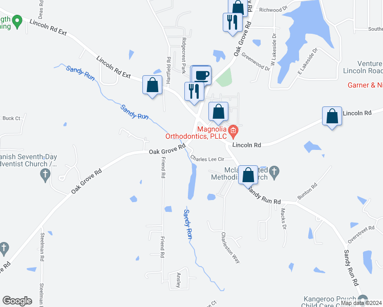 map of restaurants, bars, coffee shops, grocery stores, and more near 6 Charles Lee Circle in Hattiesburg