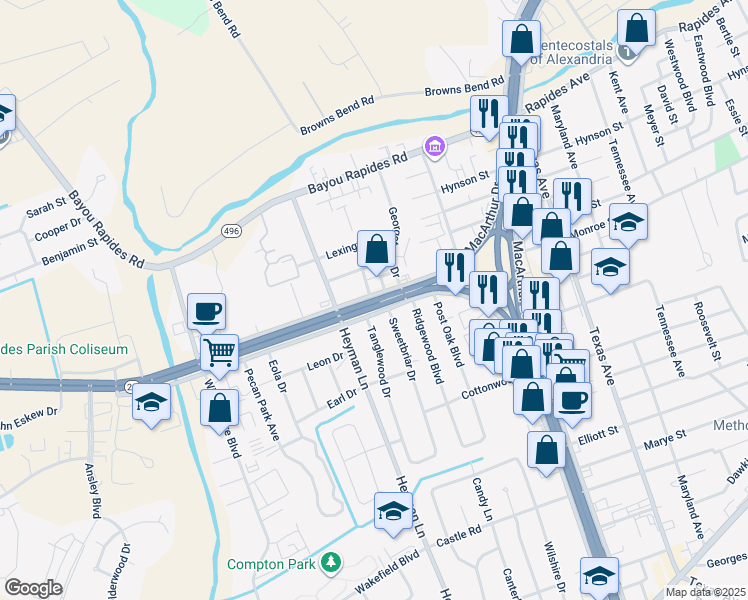 map of restaurants, bars, coffee shops, grocery stores, and more near 3840 Louisiana 28 in Alexandria