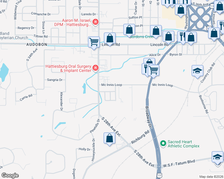 map of restaurants, bars, coffee shops, grocery stores, and more near 2698 Mc Innis Loop in Hattiesburg
