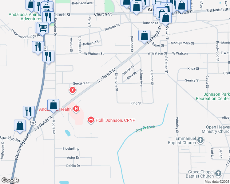 map of restaurants, bars, coffee shops, grocery stores, and more near 208 Simmons Street in Andalusia