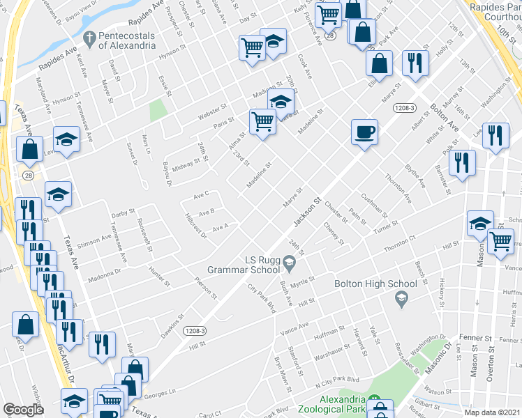 map of restaurants, bars, coffee shops, grocery stores, and more near 605 24th Street in Alexandria