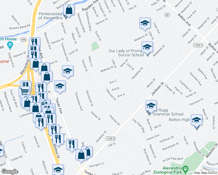 map of restaurants, bars, coffee shops, grocery stores, and more near 307 Hillcrest Drive in Alexandria