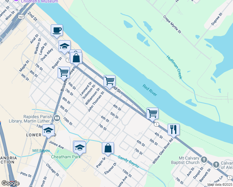 map of restaurants, bars, coffee shops, grocery stores, and more near 2901-2999 Hwy 1 in Alexandria