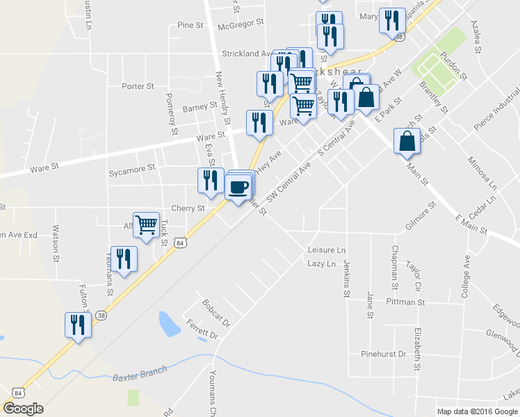 map of restaurants, bars, coffee shops, grocery stores, and more near Keller Street in Blackshear