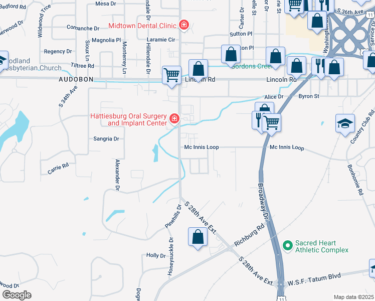 map of restaurants, bars, coffee shops, grocery stores, and more near 1700 South 28th Avenue in Hattiesburg