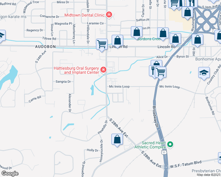 map of restaurants, bars, coffee shops, grocery stores, and more near 2708 Mcinnis Loop in Hattiesburg
