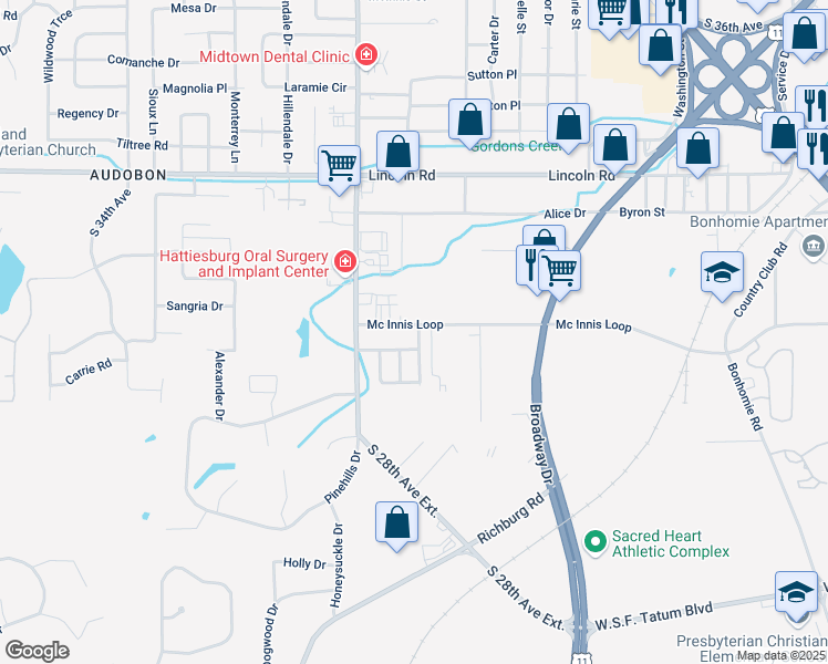 map of restaurants, bars, coffee shops, grocery stores, and more near 116 Sherwood Drive in Hattiesburg