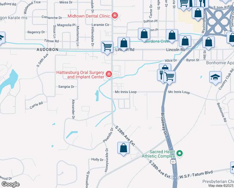 map of restaurants, bars, coffee shops, grocery stores, and more near 2708 Mcinnis Loop in Hattiesburg