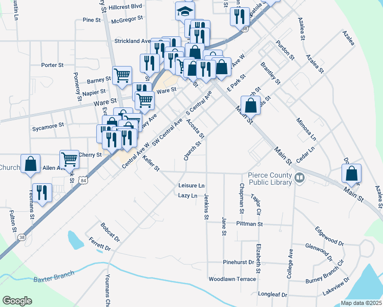 map of restaurants, bars, coffee shops, grocery stores, and more near 543 Church Street in Blackshear