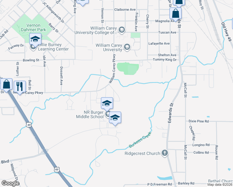 map of restaurants, bars, coffee shops, grocery stores, and more near Toney Drive in Hattiesburg