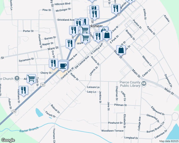 map of restaurants, bars, coffee shops, grocery stores, and more near 543 Church Street in Blackshear