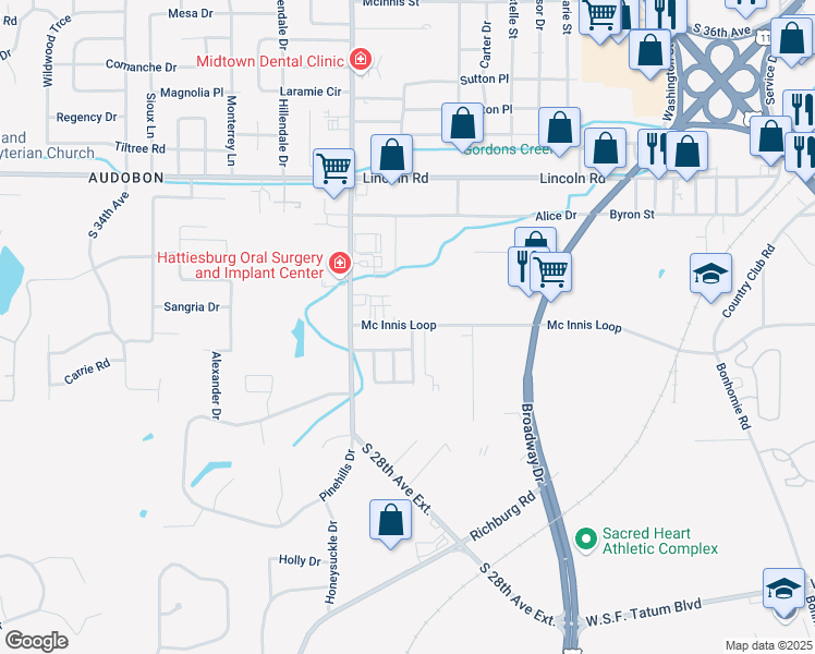 map of restaurants, bars, coffee shops, grocery stores, and more near 104 Sherwood Drive in Hattiesburg