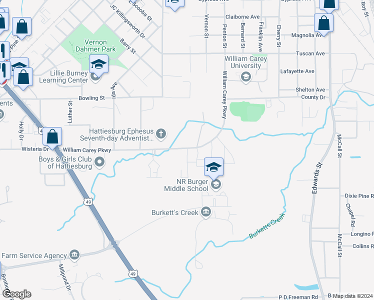 map of restaurants, bars, coffee shops, grocery stores, and more near 537 Helveston Road in Hattiesburg