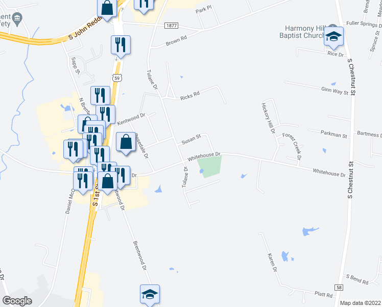map of restaurants, bars, coffee shops, grocery stores, and more near 405 Whitehouse Drive in Lufkin
