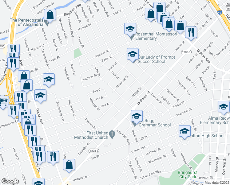 map of restaurants, bars, coffee shops, grocery stores, and more near 2403 Madeline Street in Alexandria