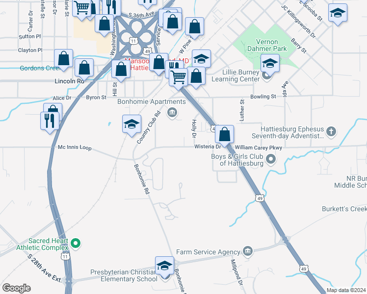 map of restaurants, bars, coffee shops, grocery stores, and more near 156 Wisteria Drive in Hattiesburg
