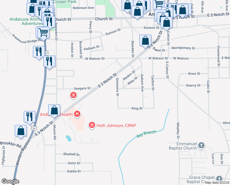 map of restaurants, bars, coffee shops, grocery stores, and more near 208 Simmons Street in Andalusia