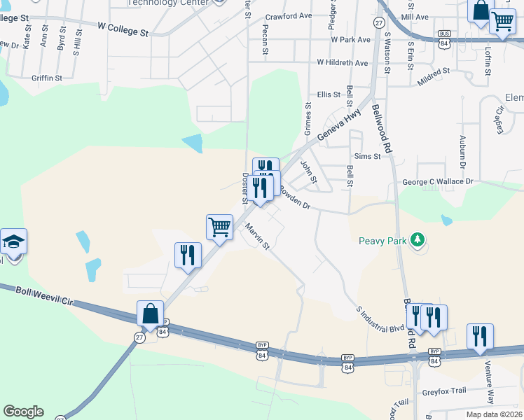 map of restaurants, bars, coffee shops, grocery stores, and more near 1081 Geneva Highway in Enterprise