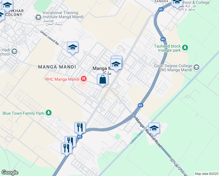 map of restaurants, bars, coffee shops, grocery stores, and more near in Manga Mandi