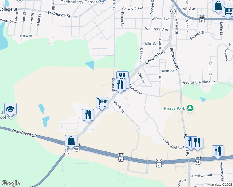 map of restaurants, bars, coffee shops, grocery stores, and more near 1081 Geneva Highway in Enterprise