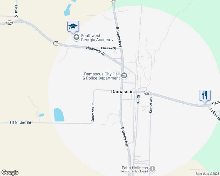 map of restaurants, bars, coffee shops, grocery stores, and more near 1293 Sammons Street in Damascus