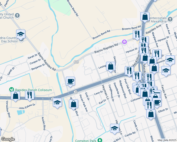 map of restaurants, bars, coffee shops, grocery stores, and more near 4051 Bayou Rapides Road in Alexandria