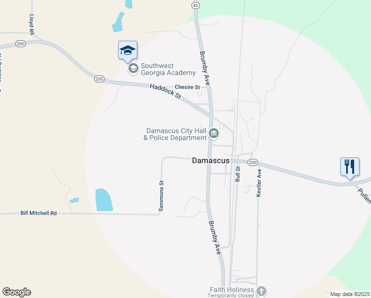 map of restaurants, bars, coffee shops, grocery stores, and more near 1293 Sammons Street in Damascus