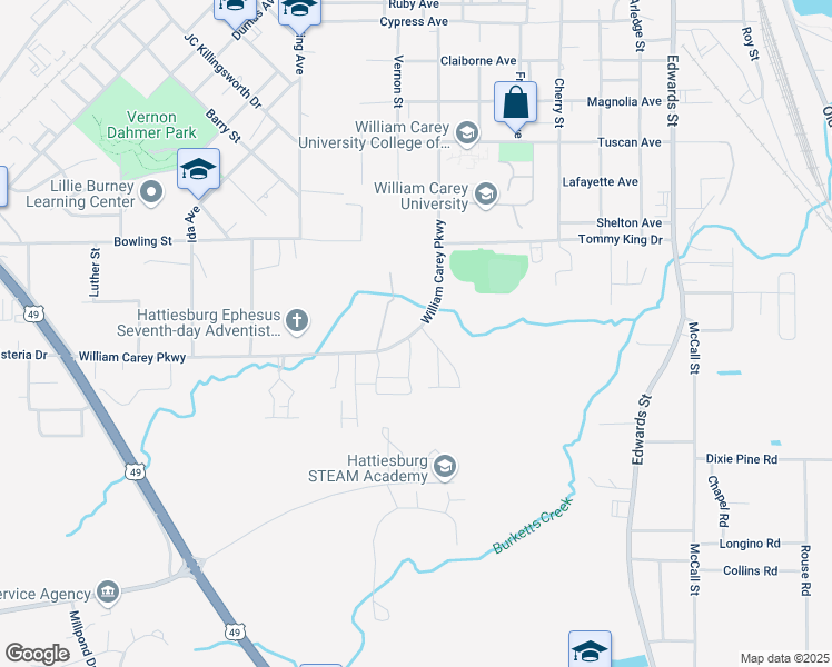 map of restaurants, bars, coffee shops, grocery stores, and more near 537-599 Helveston Rd in Hattiesburg