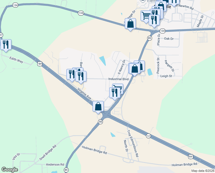 map of restaurants, bars, coffee shops, grocery stores, and more near 134 Brian Court in Daleville
