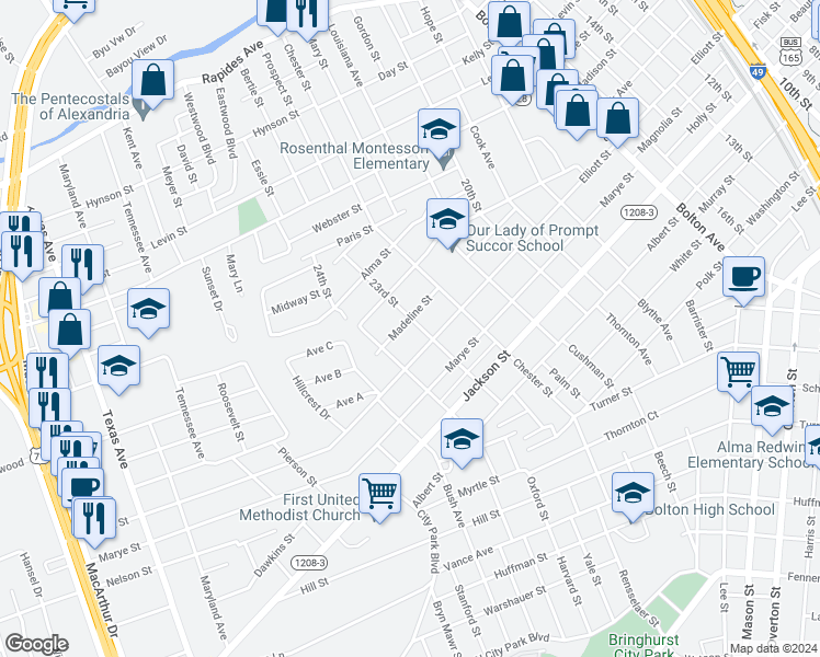 map of restaurants, bars, coffee shops, grocery stores, and more near 2307 Madeline Street in Alexandria