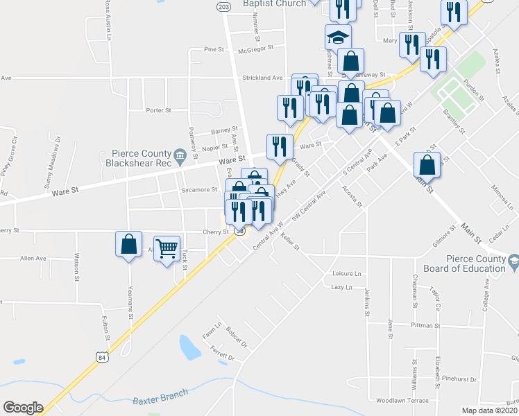 map of restaurants, bars, coffee shops, grocery stores, and more near Hendry Street in Blackshear