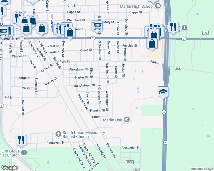 map of restaurants, bars, coffee shops, grocery stores, and more near 705 Washington Street in Marlin